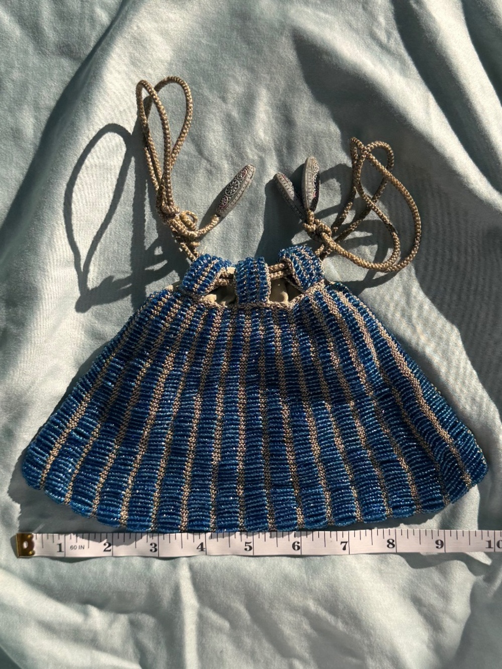 Antique 1920s Micro Beaded Drawstring Purse Blue Art Deco Flapper Bag